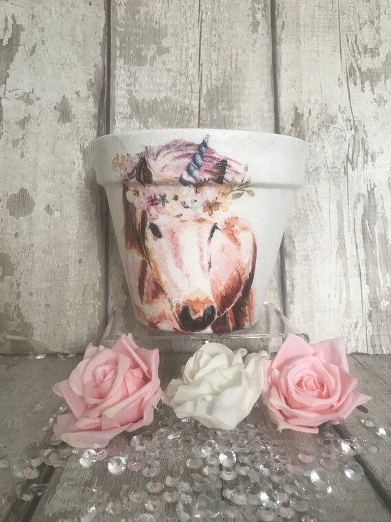 Unicorn plant pot indoor or outdoor decoupaged Etsy