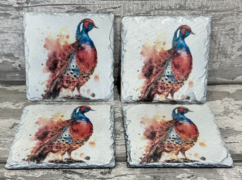 May include: Set of four square slate coasters featuring a watercolor painting of a pheasant. The pheasant is depicted in shades of brown, red, blue, and white against a white background with watercolor splatters.