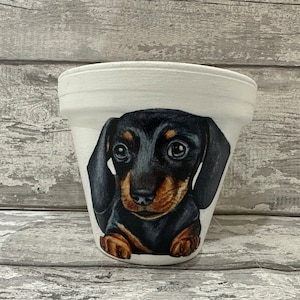 May include: White ceramic planter with a black and brown dachshund dog illustration. The dog is looking at the camera with its tongue out.