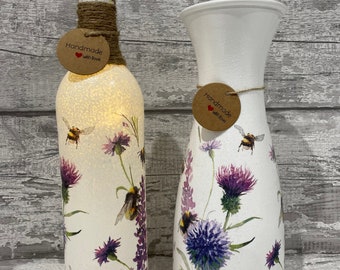 Bienen-Decoupage-Leuchtflasche und passende Vase - Bumble nee - Geschenk zum Muttertag, Bienengeschenke, Bienenliebhaber