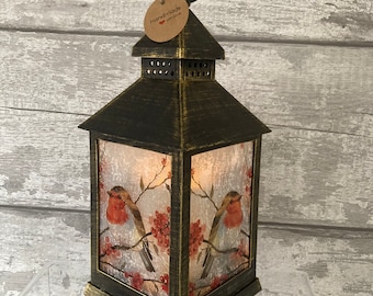 Robin lantern, LED lantern, decoupaged, Robins, xmas gifts