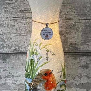 Light up Robin vase, with charm - decouoage, vase, gifts, Xmas gifts, Robins appear when loved ones are near