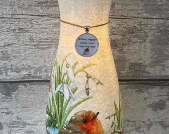 Light up Robin vase, with charm - decouoage, vase, gifts, Xmas gifts, Robins appear when loved ones are near