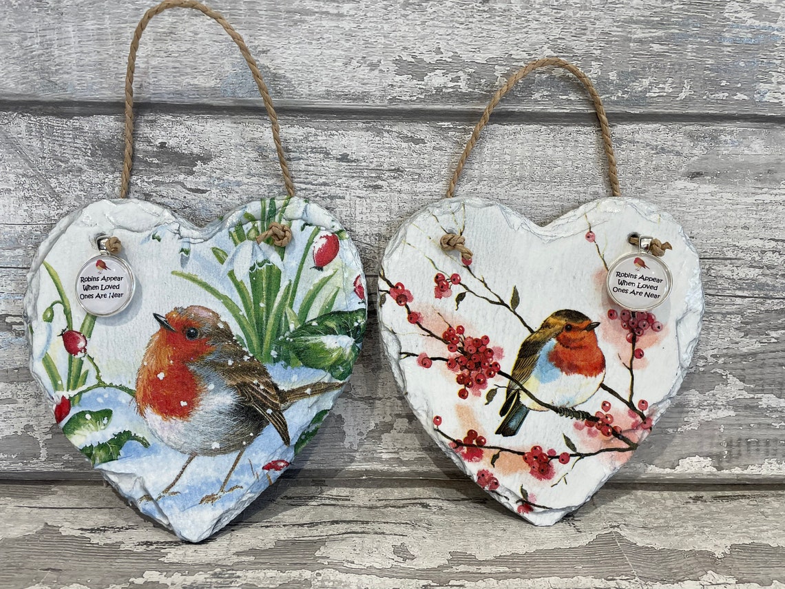 Robin Slate Robin Slate Heart With Display Stand , Robins Appear When Loved Ones ...