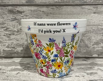May include: White ceramic flower pot with a floral pattern and the text "If nans were flowers I'd pick you! X" on the top rim.