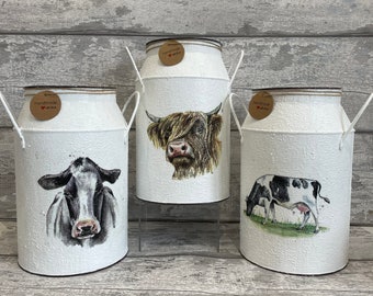 Milk churns, highland cow, dairy cow, cow gifts