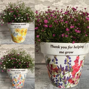 Könnte beinhalten: Drei dekorative Blumentöpfe gefüllt mit blühenden Pflanzen. Jeder Topf ist weiß mit floralen Designs und dem Text "Thank you for helping me grow." Ein Topf zeigt gelbe Narzissen, ein anderer eine Vielzahl bunter Blumen und der dritte lila und rosa Blüten.
