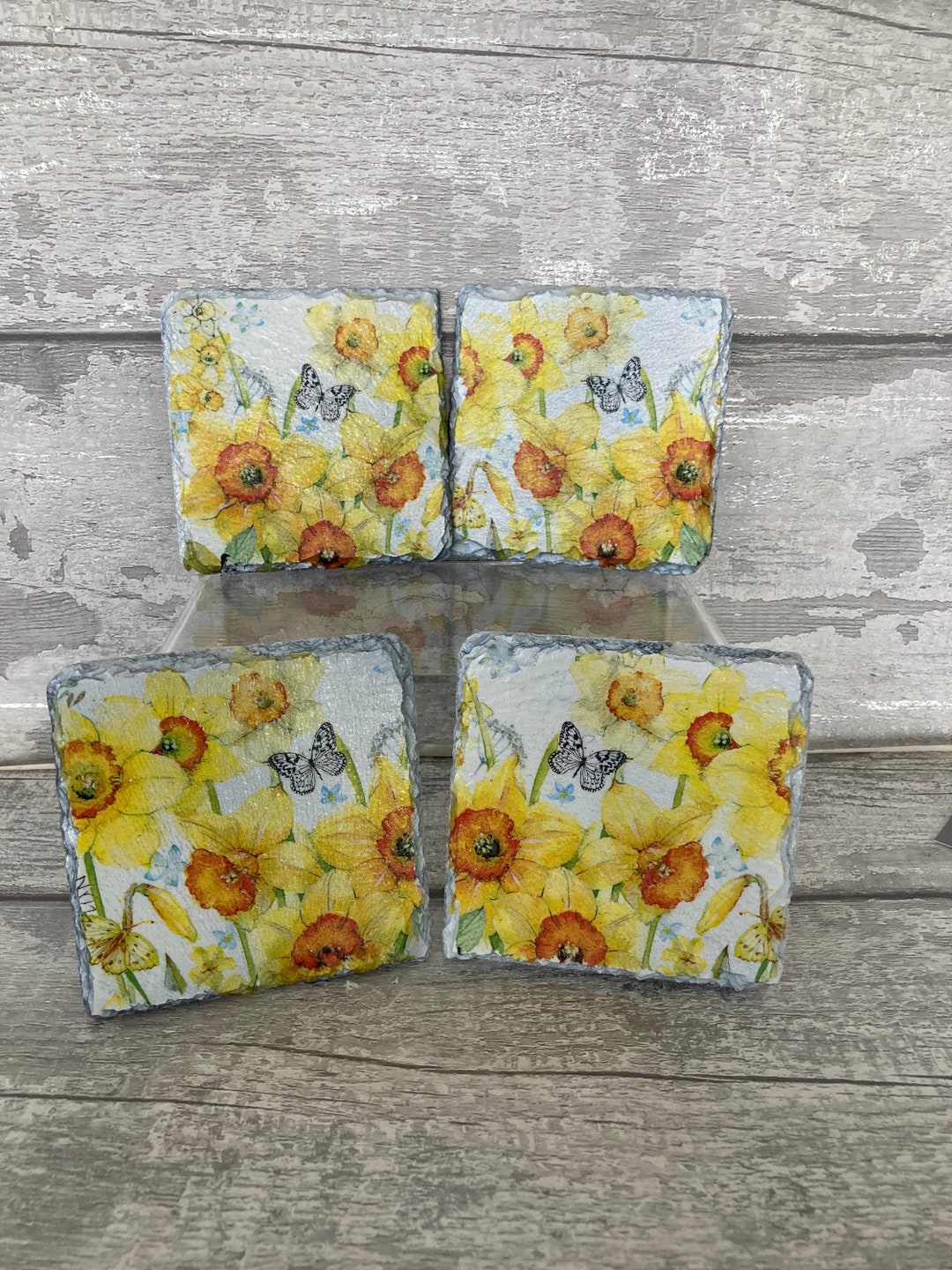 Daffodil Coasters X 4. Solid Slate, Heat Resistant , Decoupaged Etsy UK