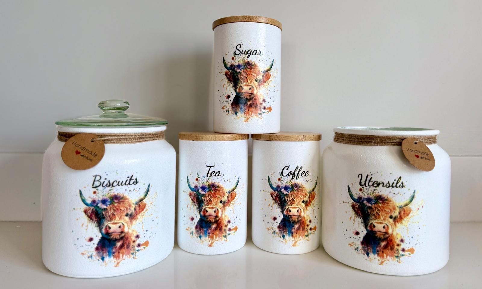 Highland Cow Tea, Coffee, Sugar Canisters, Biscuit Jar, Utensils