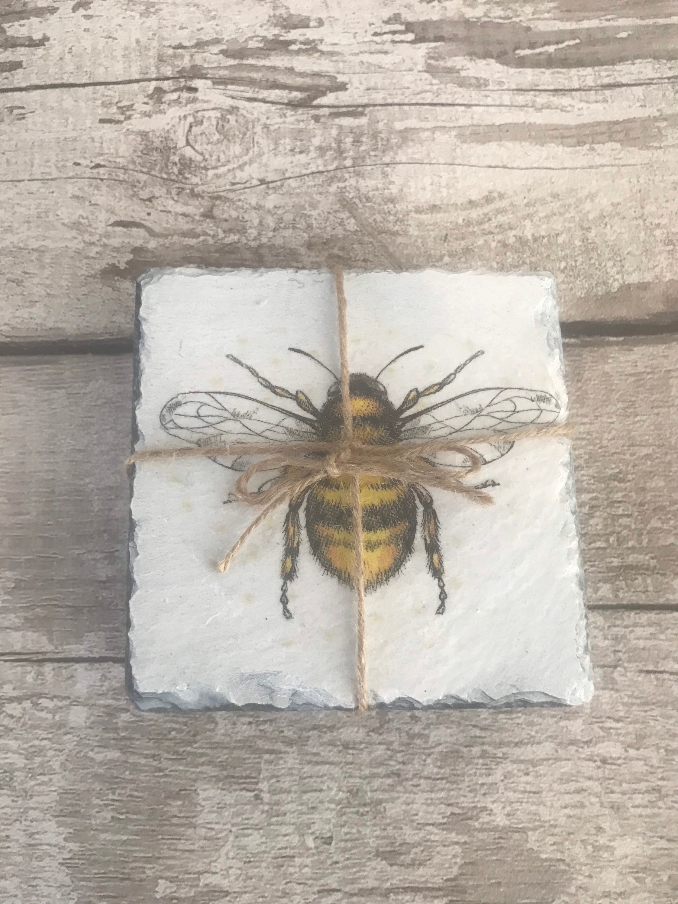 Bee Coasters X 4. Solid Slate Heat Resistant Decoupaged Etsy UK
