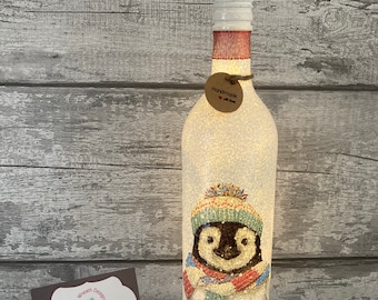 Penguin  light up bottle - decoupage - xmas gifts, Christmas, penguin gifts
