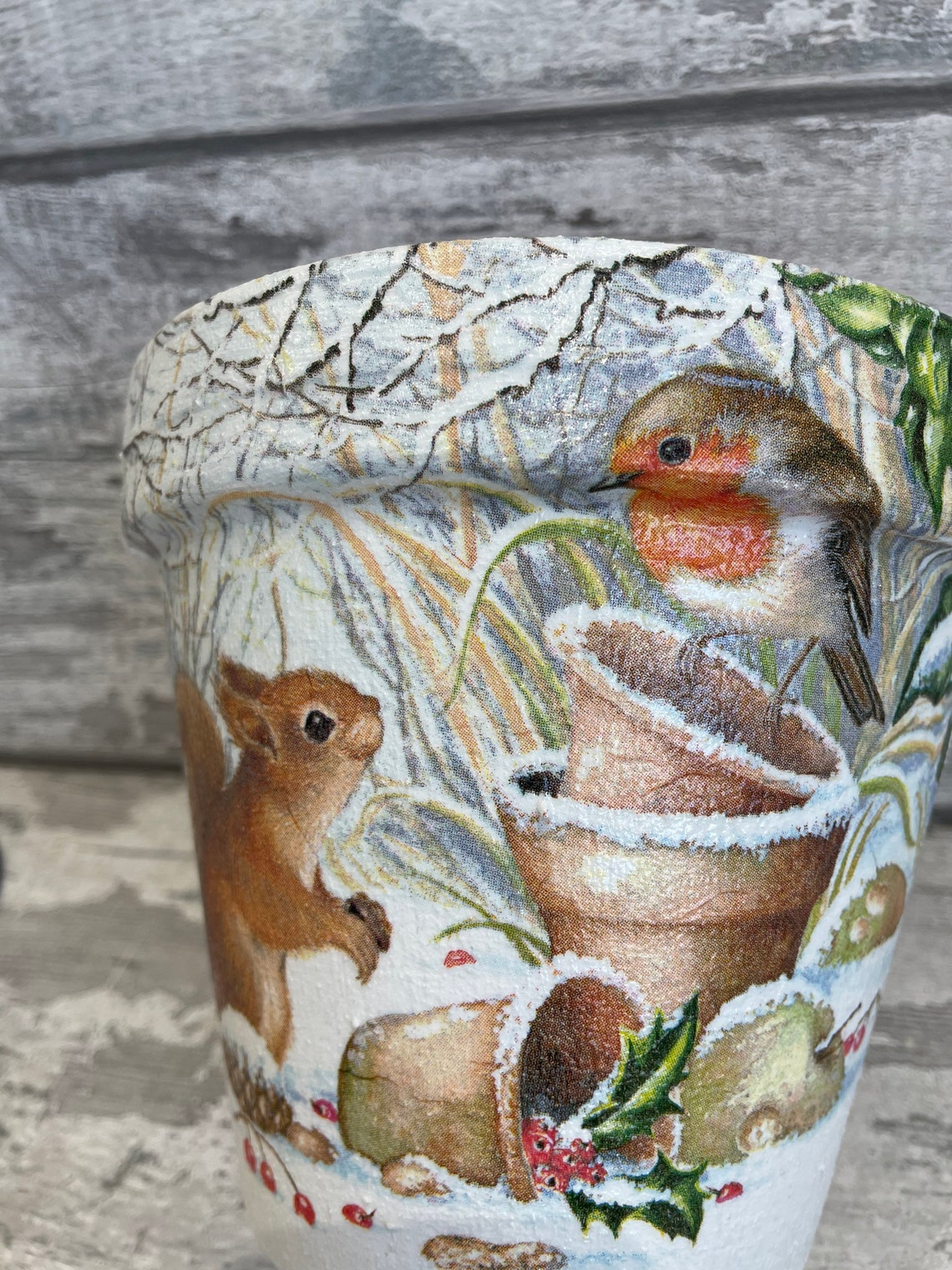 Robin Decoupaged Robin and Squirrel Plant Pot for Inside or Out Decoupaged, Robins ...