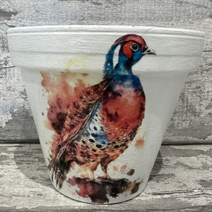 May include: White ceramic planter with a watercolor design of a pheasant. The pheasant is brown, red, and blue with a white background.