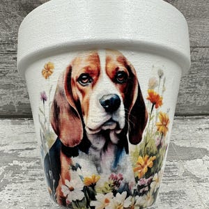 Könnte beinhalten: Weißer Keramik-Blumentopf mit einem gemalten Bild eines Beagle-Hundes, umgeben von bunten Blumen.