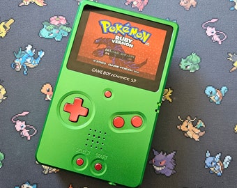 Emerald Green and Red Boxy Pixel Metal Gameboy Advance Gba Unhinged SP - Backlight IPS V2 Screen