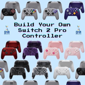 May include: A collection of Switch 2 Pro controllers in various colors, including red, pink, purple, black, and white. The image features the text "Build Your Own Switch 2 Pro Controller" in a pixelated font.