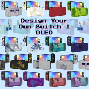 May include: A collection of Nintendo Switch OLED consoles with various custom designs. The consoles feature different colored cases, including red, green, purple, and clear, with unique graphic designs. The text "Design Your Own Switch 1 OLED" is displayed.