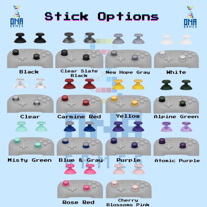 Puede incluir: Una muestra de opciones de sticks de DNA Games que presenta catorce pares de joysticks para mandos en varios colores, incluyendo negro, transparente, gris, blanco, rojo, amarillo, verde, azul, morado y rosa, junto a bases de mando a juego.