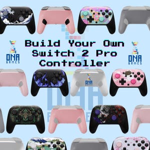 Puede incluir: Una colecci&oacute;n de mandos de juego inal&aacute;mbricos con varios dise&ntilde;os, incluyendo arte de olas japonesas, colores rosas s&oacute;lidos, patrones florales y gr&aacute;ficos de personajes. Se muestra el texto Build Your Own Switch 2 Pro Controller y DNA Games.