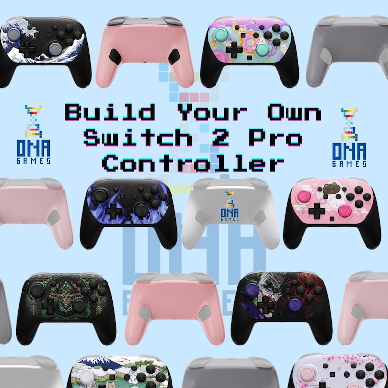 Puede incluir: Una colecci&oacute;n de mandos de juego inal&aacute;mbricos con varios dise&ntilde;os, incluyendo arte de olas japonesas, colores rosas s&oacute;lidos, patrones florales y gr&aacute;ficos de personajes. Se muestra el texto Build Your Own Switch 2 Pro Controller y DNA Games.