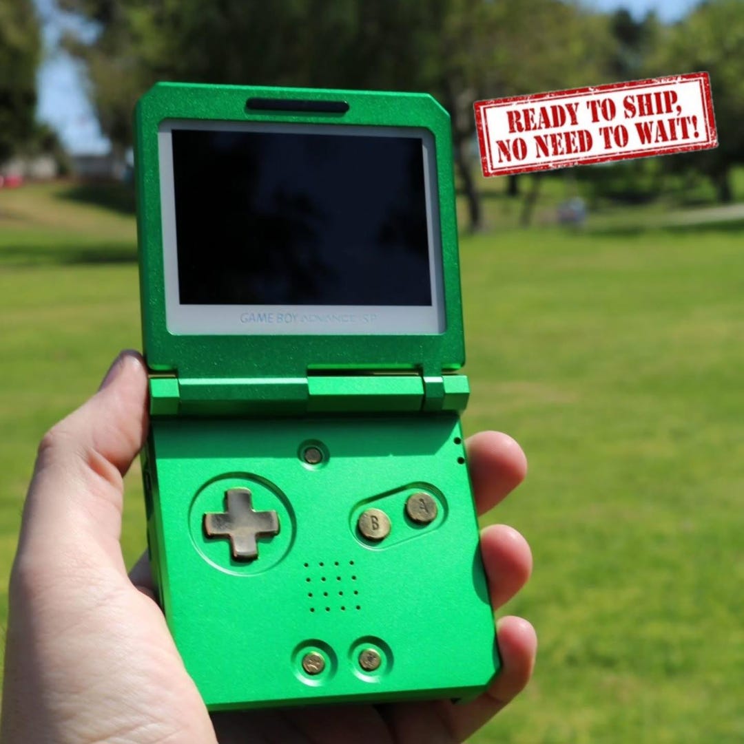 Gameboy Metal Metal Boxy Pixel Green and Brass Gameboy Advance GBA SP With IPS Screen ...