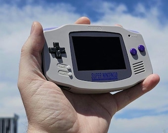 Super Nintendo SNES Themed Nintendo Gameboy Advance GBA with FunnyPlaying IPS Screen (Laminated) With Custom Box