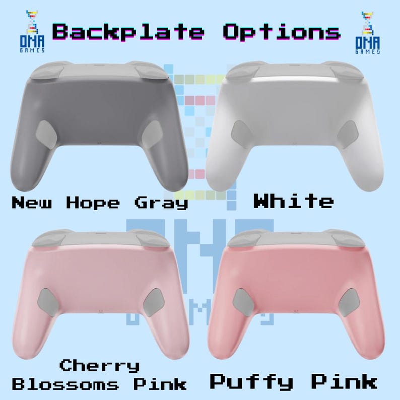Puede incluir: Cuatro placas traseras para mandos de videojuegos dispuestas en cuadr&iacute;cula. La fila superior muestra las opciones New Hope Gray y White. La fila inferior muestra Cherry Blossoms Pink y Puffy Pink. Cada placa tiene detalles grises.