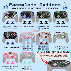 Puede incluir: Una colecci&oacute;n de diez car&aacute;tulas para mandos de juego con joysticks a juego, con dise&ntilde;os como The Great Wave, Blue Flame, Totem of Kingdom, Green Weeds, Clown HAHAHA, Cherry Blossom, Winter Blossom, Hot Spring Kittens y Donut Odyssey.