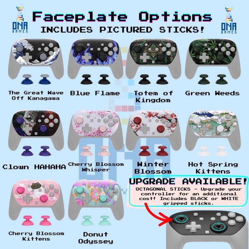 Puede incluir: Una colecci&oacute;n de diez car&aacute;tulas para mandos de juego con joysticks a juego, con dise&ntilde;os como The Great Wave, Blue Flame, Totem of Kingdom, Green Weeds, Clown HAHAHA, Cherry Blossom, Winter Blossom, Hot Spring Kittens y Donut Odyssey.