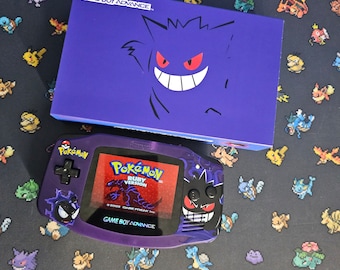 Gengar Themed Nintendo Gameboy Advance GBA with FunnyPlaying IPS Screen (Laminated) With Custom Box