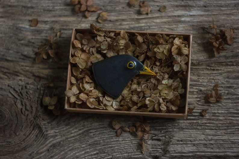 Handmade ceramic brooch, colourful birds brooch, gift for birdwatcher, accessory for nature lover Blackbird