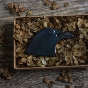 Handmade ceramic brooch, colourful birds brooch, gift for birdwatcher, accessory for nature lover Common Raven