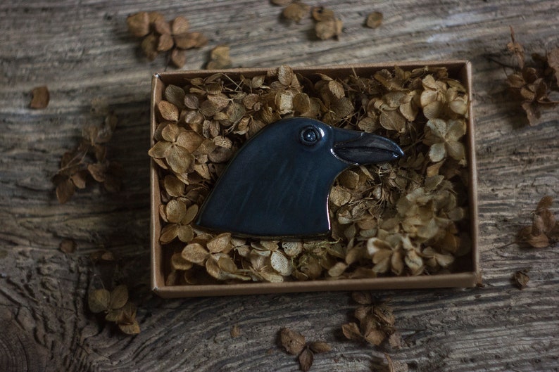 Handmade ceramic brooch, colourful birds brooch, gift for birdwatcher, accessory for nature lover Common Raven