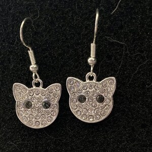 Bedazzled silver-plated cat charm earrings for cat lovers!
