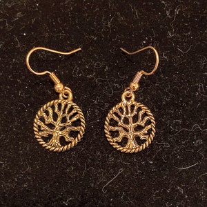 Tree of Life round earrings in silver or gold tone metal with hypoallergenic hooks