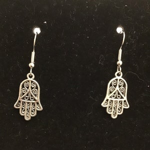 Hamsa hand filigree delicate earrings with silver plated ear wire, nickel free - two different styles available