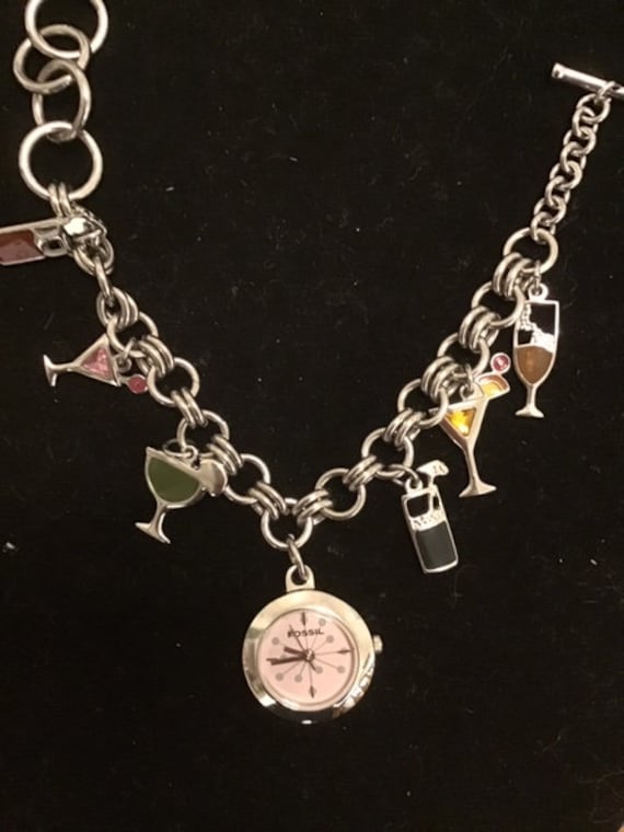 Vintage Fossil Charm Bracelet Watch With Cocktail Charms Etsy