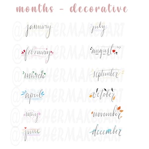 Peut inclure: Un ensemble de douze noms de mois décoratifs en écriture cursive avec des illustrations. Les mois sont janvier, février, mars, avril, mai, juin, juillet, août, septembre, octobre, novembre et décembre.