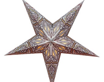 Ananda Silver Poinsettia Starlight Paper Star, paper star with 5 points, pattern punched out and pasted behind, illuminated star