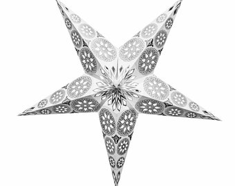 Eisblume Weiss Metallic Sternenlicht Papierstern, Papierstern 5 mit Zacken, Muster ausgestanzt und hinterklebt, beleuchtbar