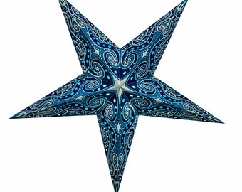 Mandala Zari Turquoise Glitter Poinsettia Starlight Paper Star, Paper Star 5 Points, pattern punched out and pasted behind, can be illuminated