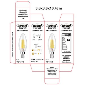 Puede incluir: Una caja de cuatro bombillas LED de vela con un dise&ntilde;o de vidrio blanco transparente. La caja est&aacute; etiquetada "caracol 1900 LED Kerze 4W" e incluye la clasificaci&oacute;n de eficiencia energ&eacute;tica "A". La caja mide 3,6 x 3,6 x 10,4 cm.