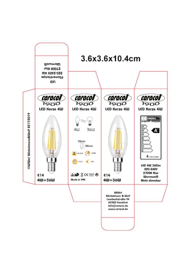Puede incluir: Una caja de cuatro bombillas LED de vela con un dise&ntilde;o de vidrio blanco transparente. La caja est&aacute; etiquetada "caracol 1900 LED Kerze 4W" e incluye la clasificaci&oacute;n de eficiencia energ&eacute;tica "A". La caja mide 3,6 x 3,6 x 10,4 cm.