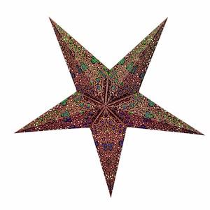 Belle Epoque Brown Green Christmas Star Starlight Paper Star, Paper Star 5 Pointed, Pattern Punched Out and Glued Back, Illuminated