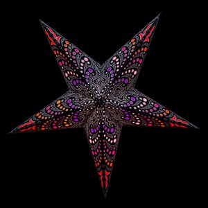 Puede incluir: Una linterna de papel en forma de estrella negra con un patr&oacute;n floral blanco y rosa. La linterna est&aacute; iluminada desde el interior, creando un brillo c&aacute;lido.