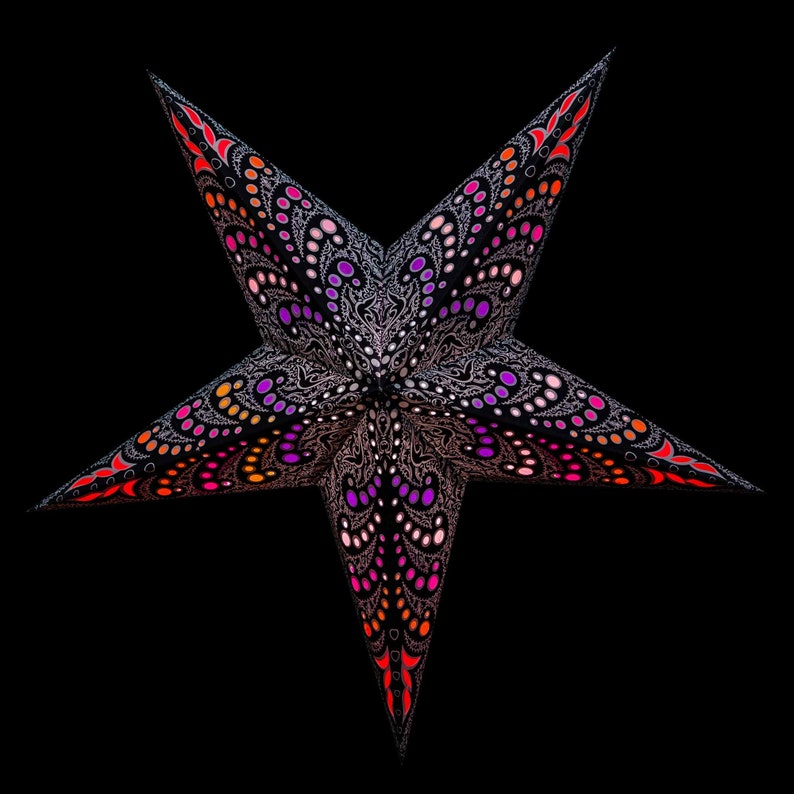 Puede incluir: Una linterna de papel en forma de estrella negra con un patr&oacute;n floral blanco y rosa. La linterna est&aacute; iluminada desde el interior, creando un brillo c&aacute;lido.