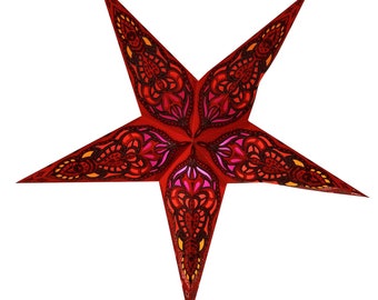 Krishna Rot Glitter Sternenlicht Papierstern, Papierstern 5 oder 7 Zacken, Muster ausgestanzt, hinterklebt mit Glitter bestäubt, beleuchtbar