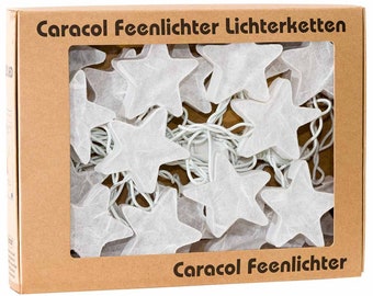 May include: A box of white paper star fairy lights. The box is brown and has the text "Caracol Feenlichter Lichterketten" and "Caracol Feenlichter" printed on it.
