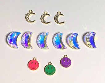 12-Piece Moon and Smile Charm Set – 20mm AB Glass Pendants and Gold-Tone Crescent Charms