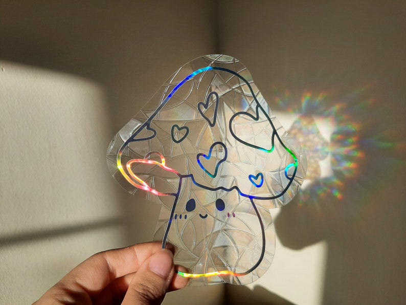 Heart Mushroom Suncatcher Sticker Rainbow Cottagecore Mushrooms Suncatcher Window Film Cling Prism Window Decal Nursery Kids Bedroom Dorm Classroom Christmas Gift Kids Thanksgiving Home, Car, Friends